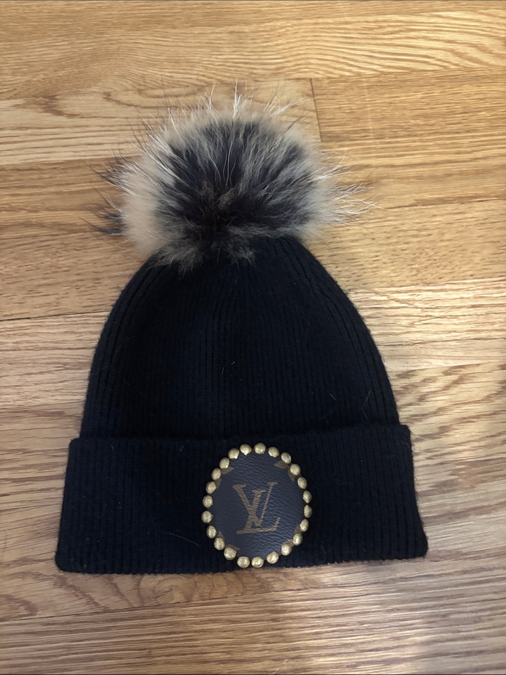 Black Beanie Hat with Faux Fur Pom and Branded Accent